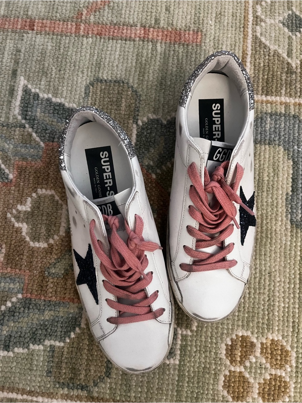 Golden Goose White Leather Sneakers with Pink Laces and Blue Star
